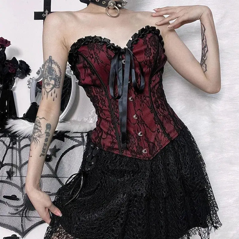 Hot red corset top with lace details for a goth aesthetic