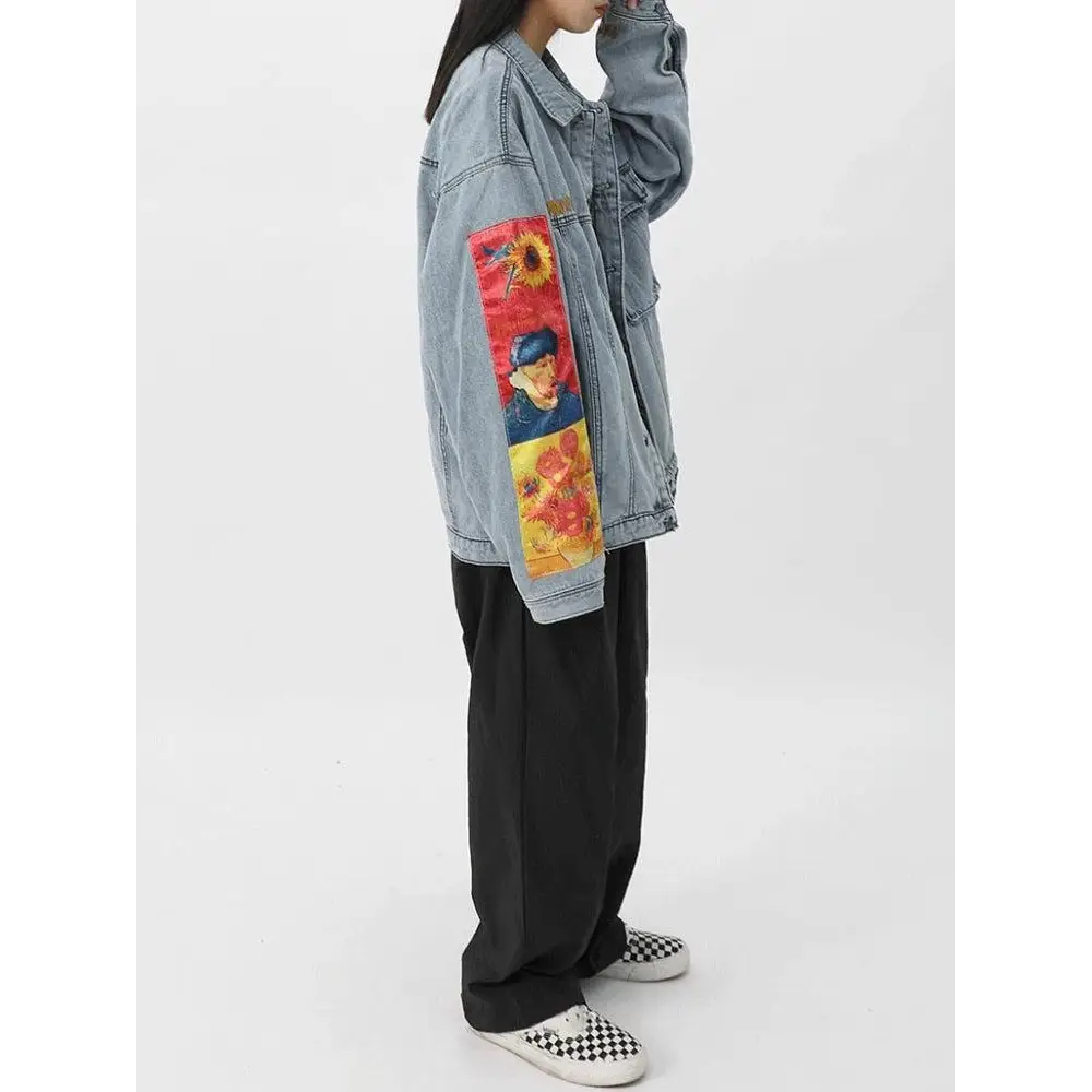Light wash denim jacket with van gogh artistry on sleeves