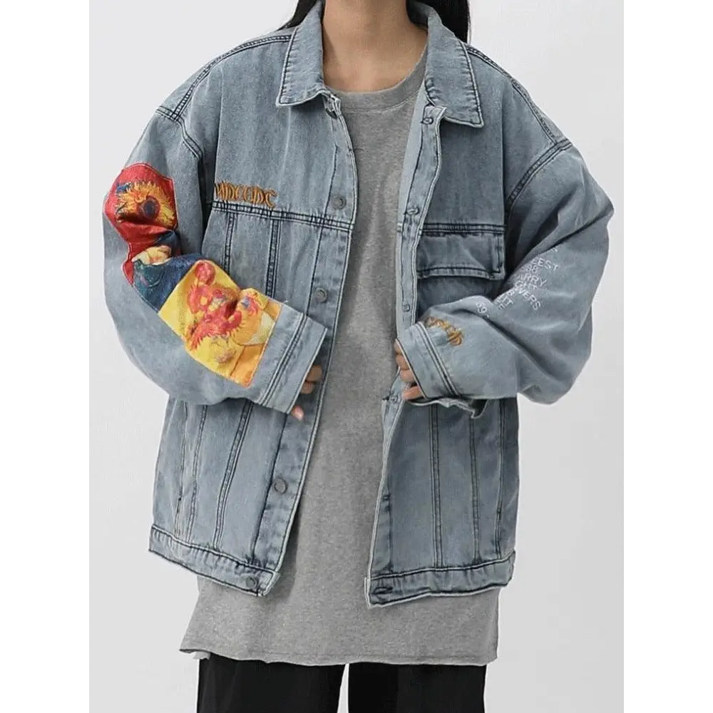 Light wash denim jacket with van gogh artistry on sleeves