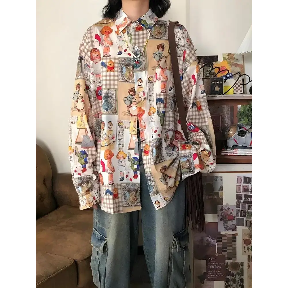 Y2k retro cartoon print oversized shirt for casual style