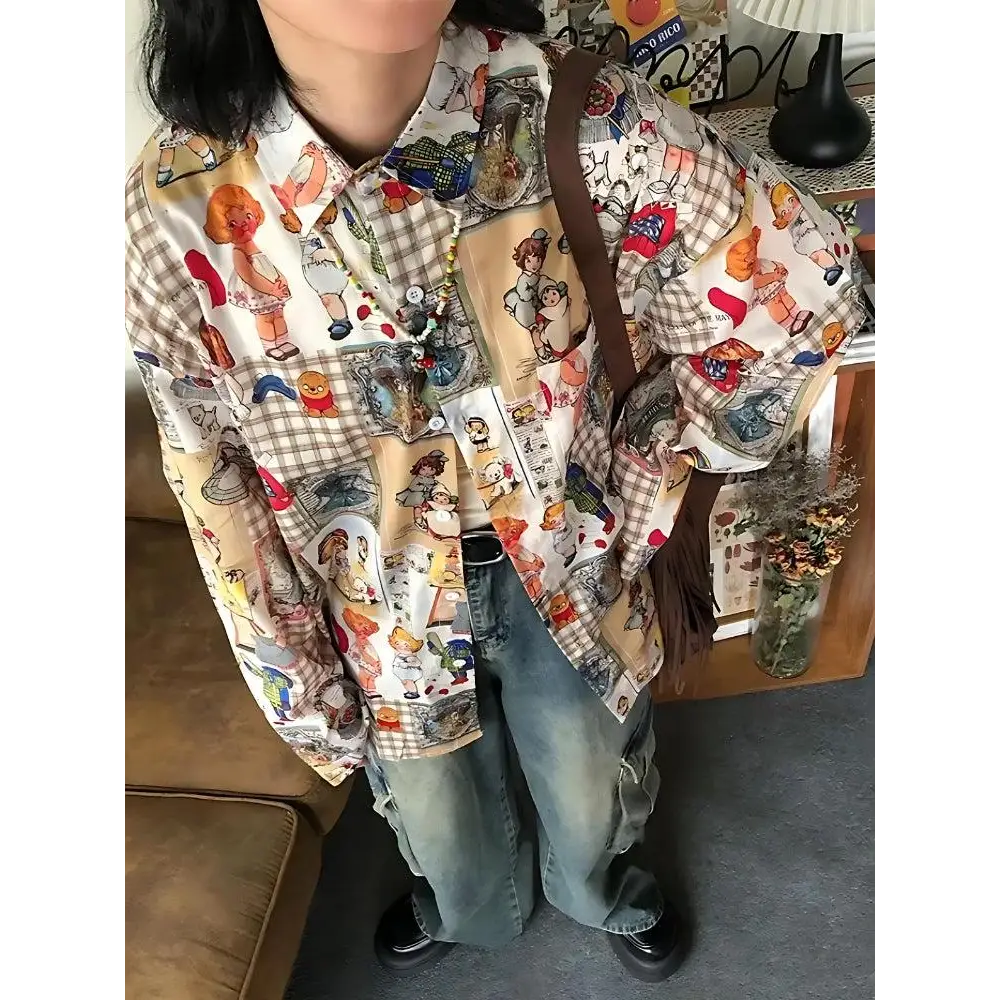 Y2k retro cartoon print oversized shirt for casual style