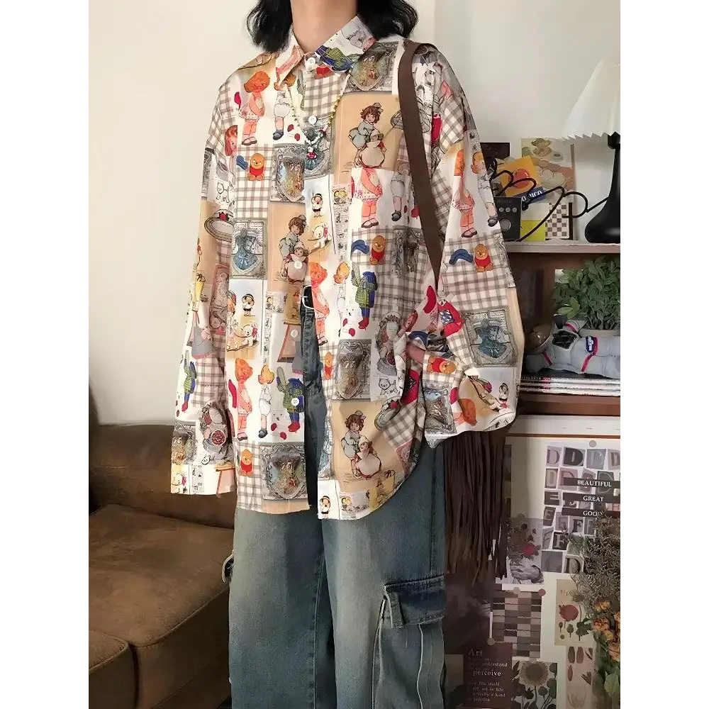 Y2k retro cartoon print oversized shirt for casual style