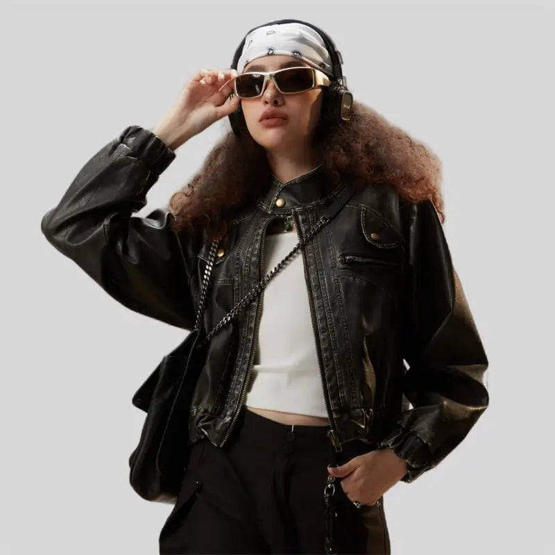 Vintage chic y2k soft leather jacket in cotton and fur blend - jackets