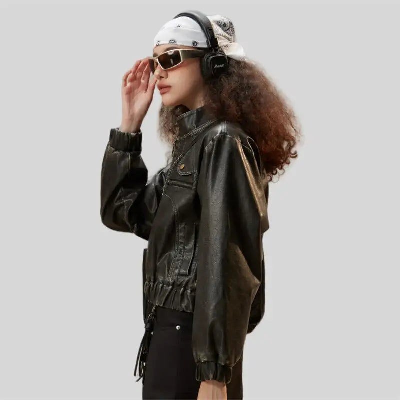 Vintage chic y2k soft leather jacket in cotton and fur blend - jackets