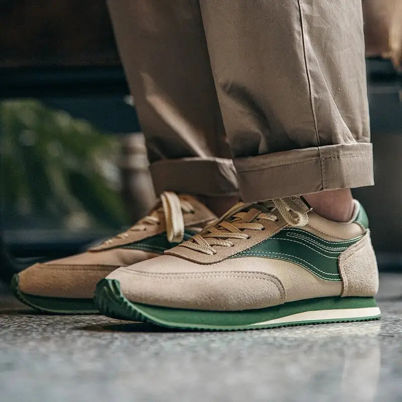 Vintage desert green y2k jogging sneakers with unique patchwork design