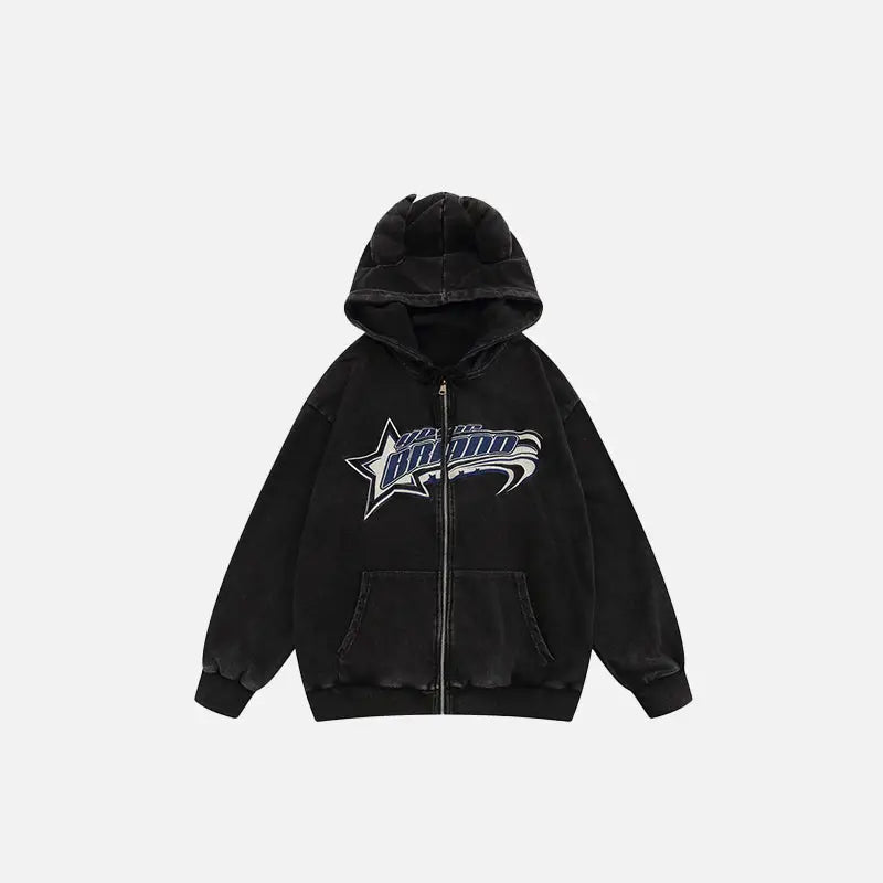 Vintage devil horns zip-up hoodie in ultra-soft cotton - black / m - hoodies