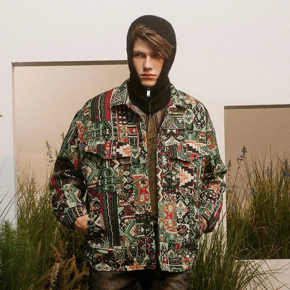 Vintage ethnic y2k jacket with classic turndown collar - denim