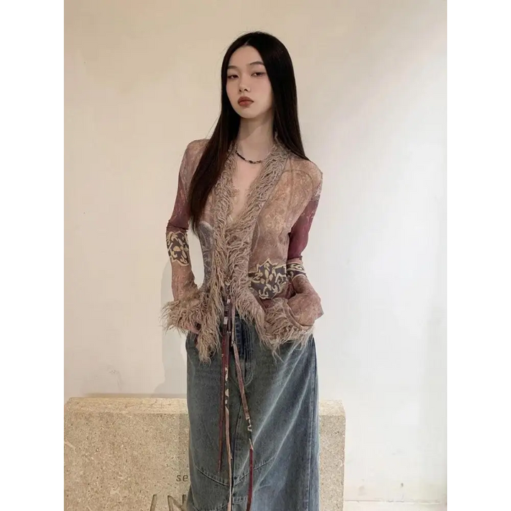 Vintage-inspired lace-up jacket with faux fur details - one size / mix - top