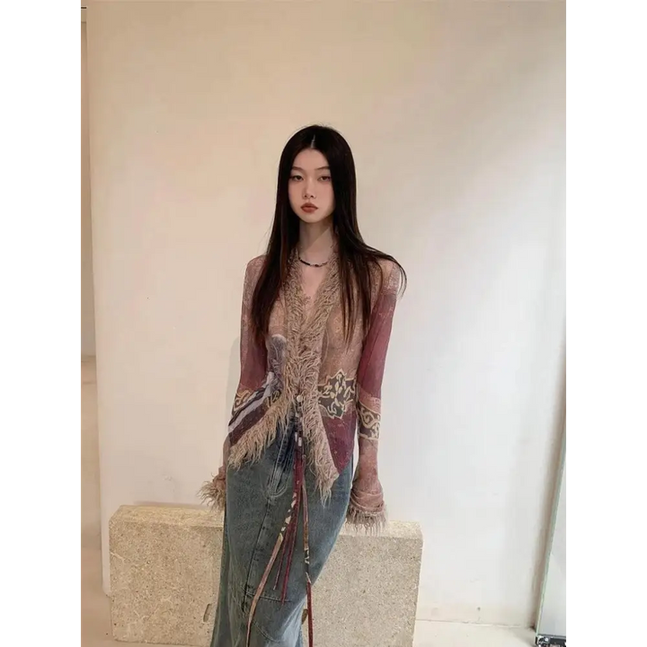 Vintage-inspired lace-up jacket with faux fur details - one size / mix - top