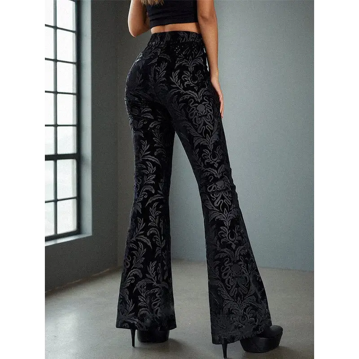 Y2k velvet flare pants with elastic waist and full length design