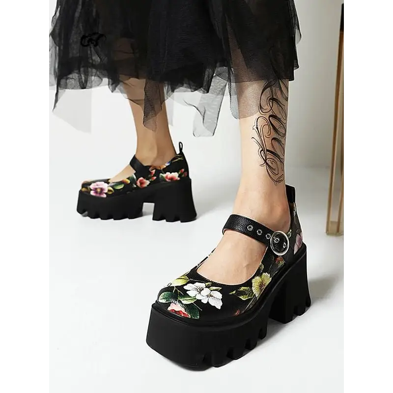 Floral mary jane pumps for y2k style in casual soft leather