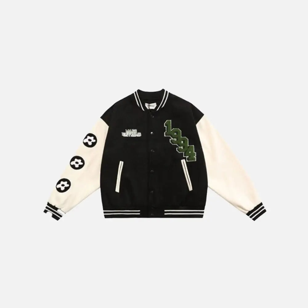 Vintage floral y2k varsity jacket in quality cotton - black / m - varsity jackets