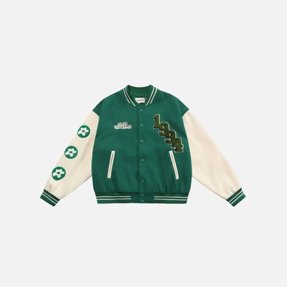 Vintage floral y2k varsity jacket in quality cotton - green / m - varsity jackets