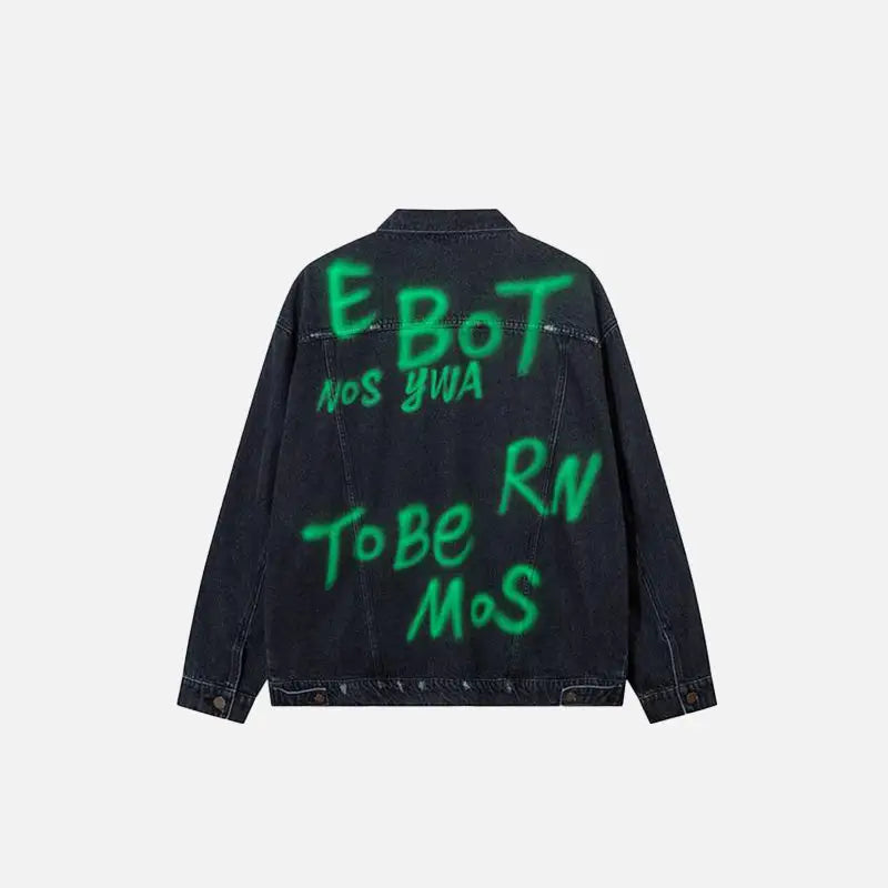 Vintage green letter washed denim jacket for y2k streetwear fans