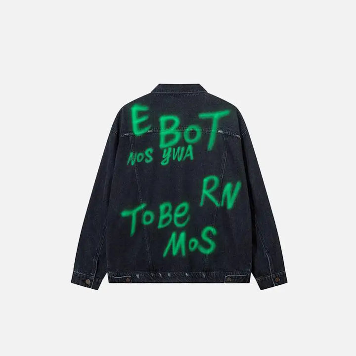 Vintage green letter washed denim jacket for y2k streetwear fans