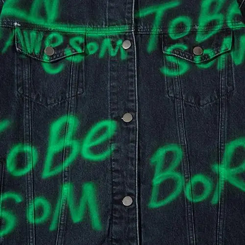 Vintage green letter washed denim jacket for y2k streetwear fans