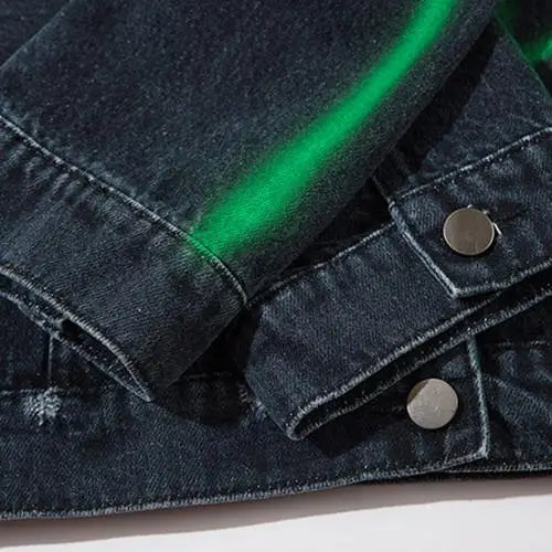 Vintage green letter washed denim jacket for y2k streetwear fans