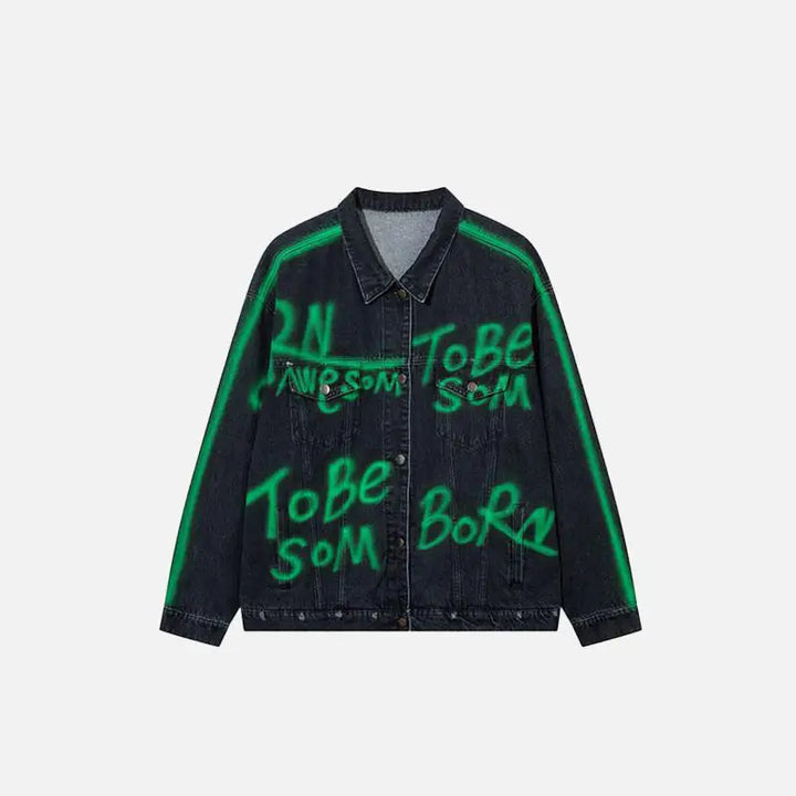 Vintage green letter washed denim jacket for y2k streetwear fans - black / m