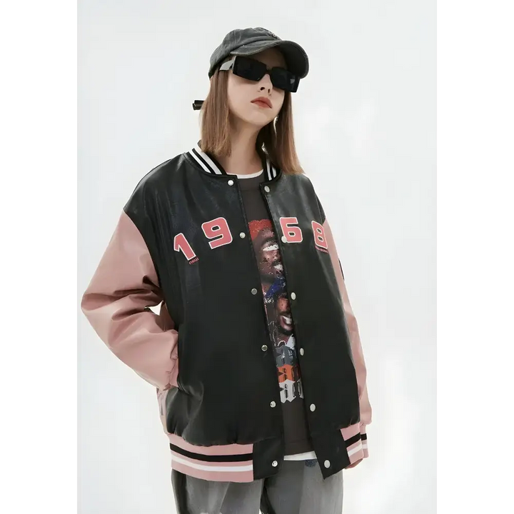 Unisex faux leather varsity jacket with vintage embroidery