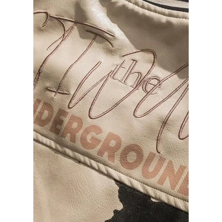 Unisex faux leather varsity jacket with vintage embroidery