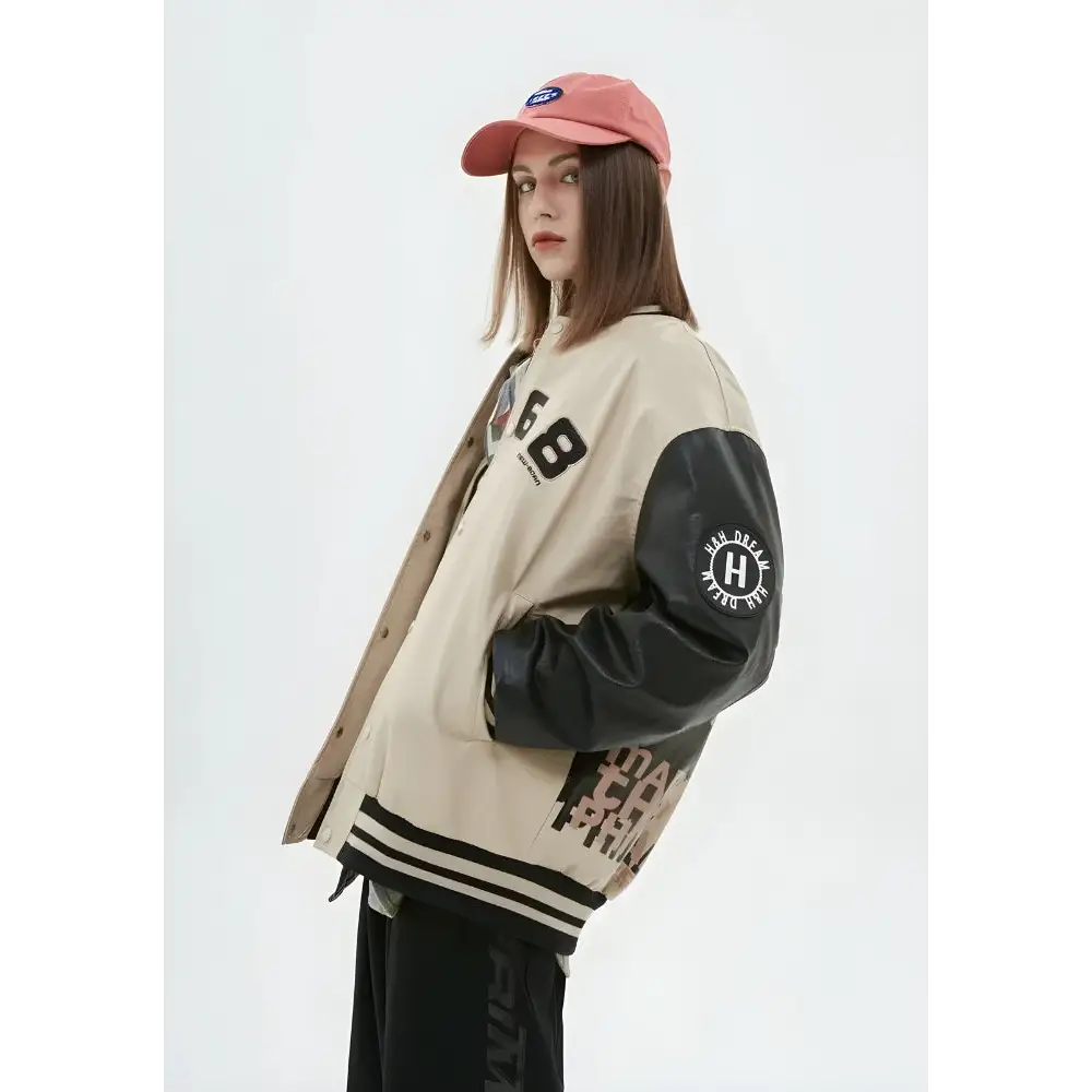 Unisex faux leather varsity jacket with vintage embroidery - beige / s