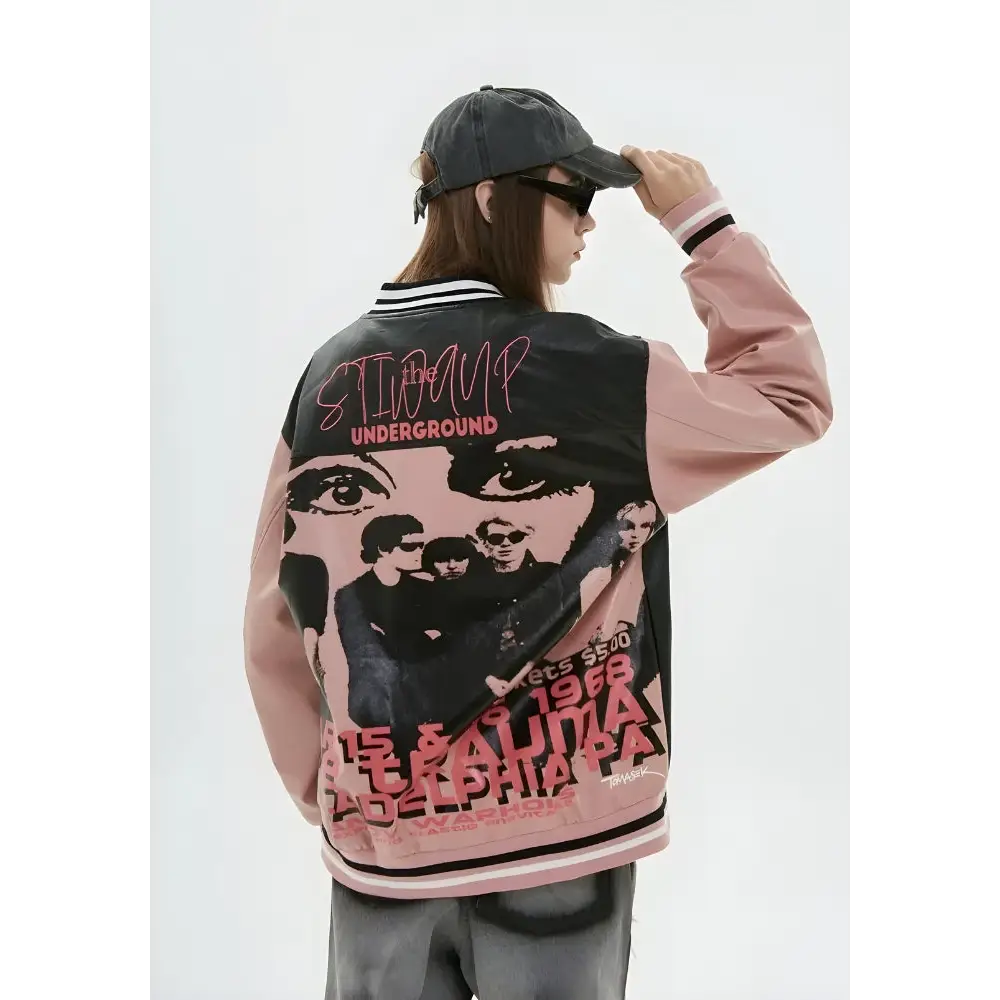 Unisex faux leather varsity jacket with vintage embroidery - pink / s