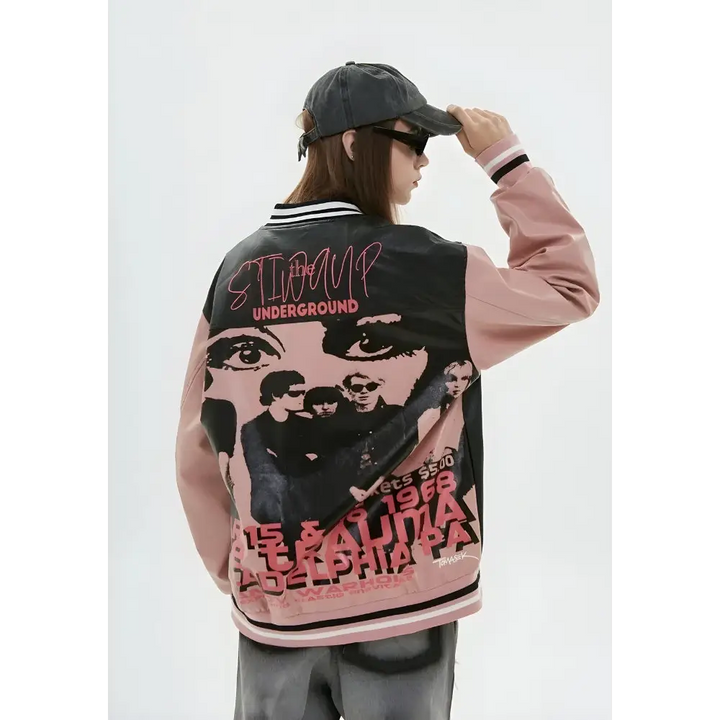 Unisex faux leather varsity jacket with vintage embroidery - pink / s