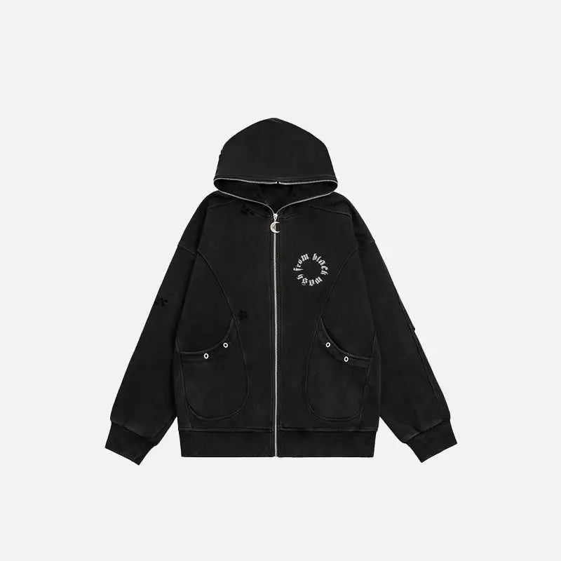 Vintage moon zip up hoodie for y2k streetwear style - black / m - hoodies