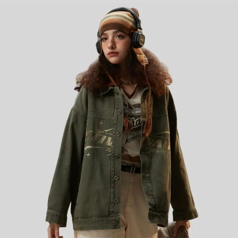 Vintage oversized denim jacket from y2k streetwear collection - green / m