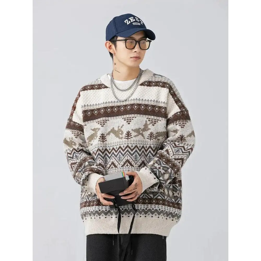 Vintage y2k knitted sweater with zigzag pattern and rabbits design - beige / s