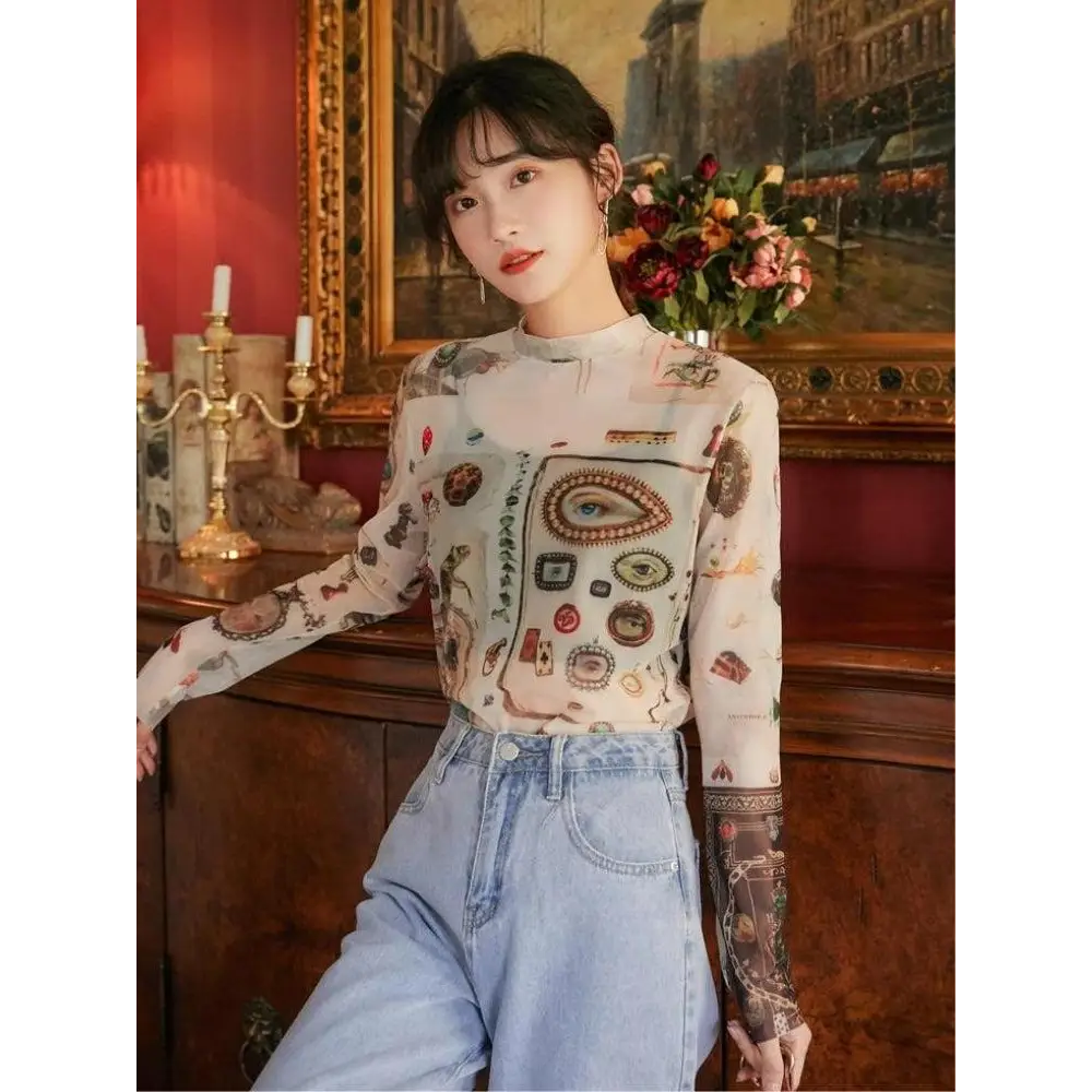 Vintage symbols y2k jacket with artistic prints and nostalgic charm - beige / one size - top