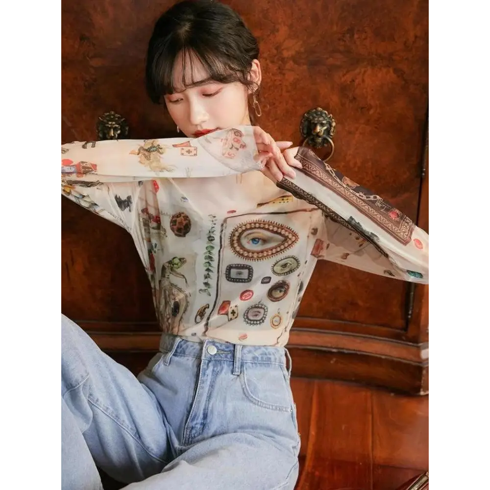 Vintage symbols y2k jacket with artistic prints and nostalgic charm - beige / one size - top