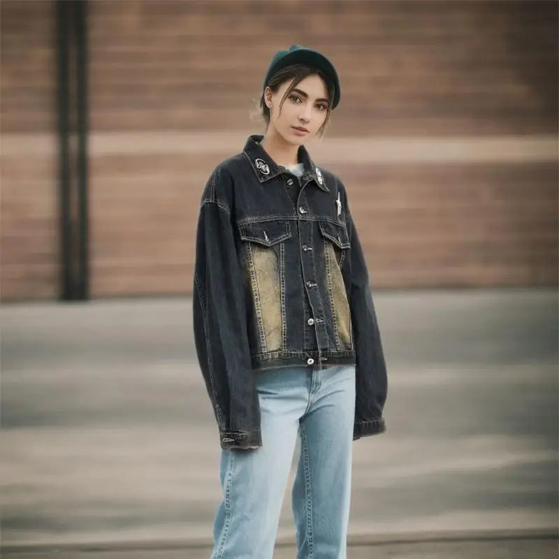 Vintage washed y2k denim jacket for a nostalgic streetwear look