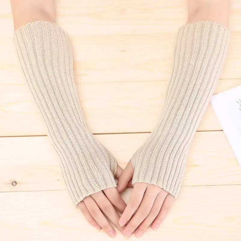 Y2k knitted half finger mittens in plain acrylic for stylish warmth - beige / 30 cm