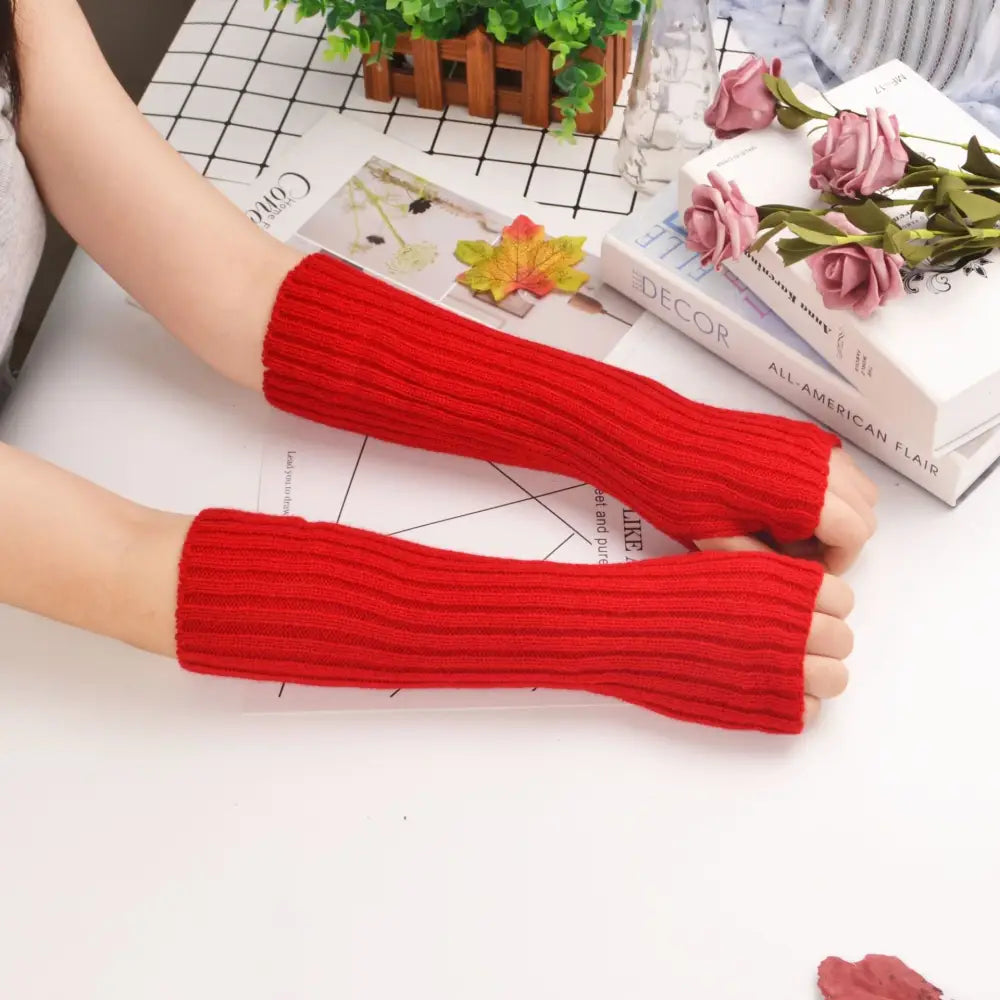 Y2k knitted half finger mittens in plain acrylic for stylish warmth - red / 30 cm