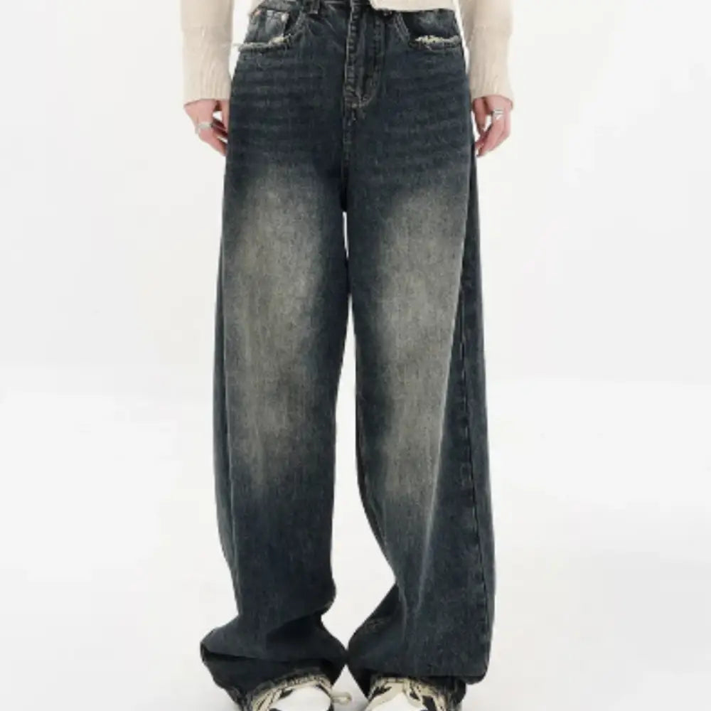 Y2k washed blue loose jeans for urban fashion enthusiasts