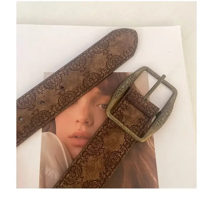 Y2k brown washed pu belt with heart pattern and stainless steel finish - 100cm - belts