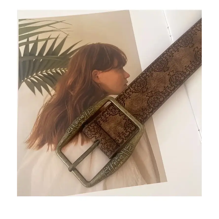 Y2k brown washed pu belt with heart pattern and stainless steel finish - 100cm - belts