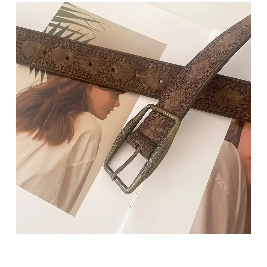 Y2k brown washed pu belt with heart pattern and stainless steel finish - 100cm - belts