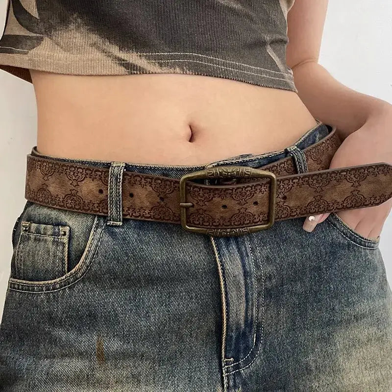 Y2k brown washed pu belt with heart pattern and stainless steel finish - 100cm - belts