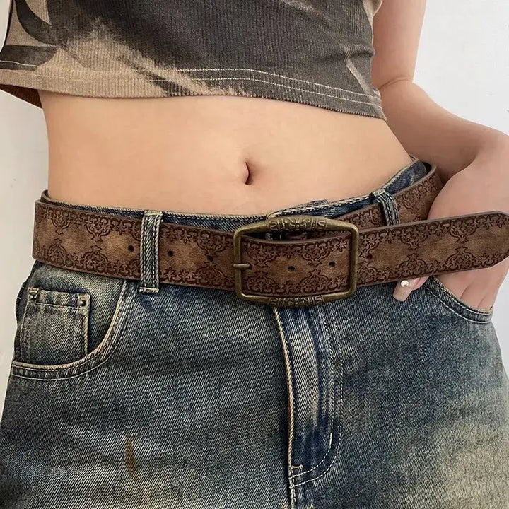 Y2k brown washed pu belt with heart pattern and stainless steel finish - 100cm - belts