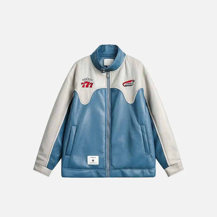 Color block waterproof leather varsity jacket for y2k style - blue / m - jackets