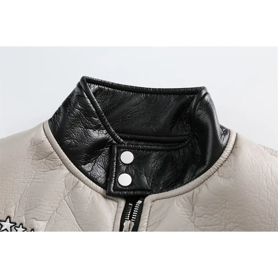 Color block waterproof leather varsity jacket for y2k style - jackets