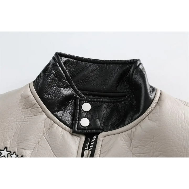 Color block waterproof leather varsity jacket for y2k style - jackets