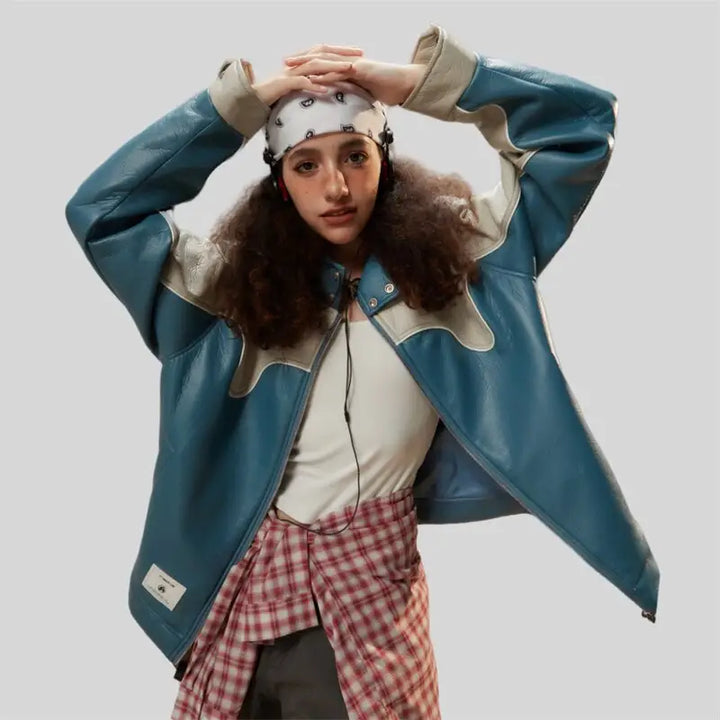 Color block waterproof leather varsity jacket for y2k style - jackets