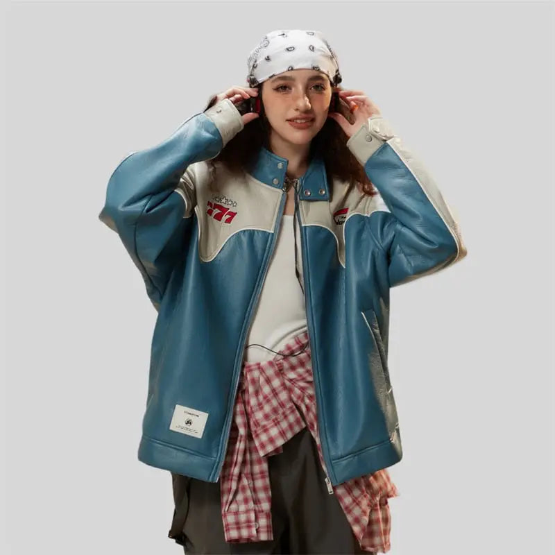 Color block waterproof leather varsity jacket for y2k style - jackets