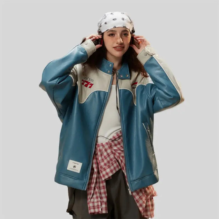 Color block waterproof leather varsity jacket for y2k style - jackets