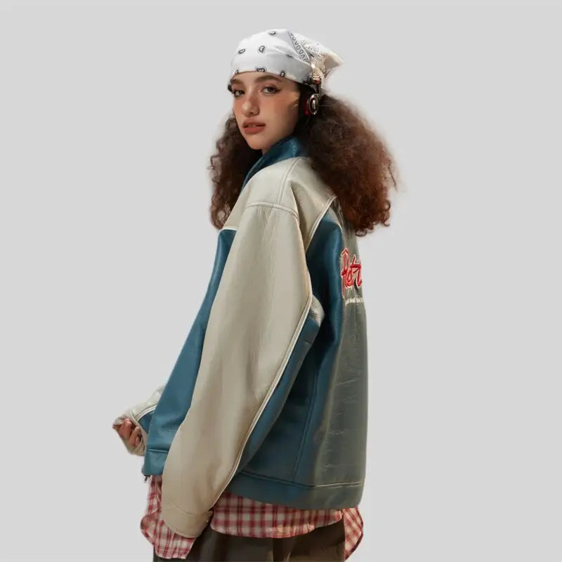 Color block waterproof leather varsity jacket for y2k style - jackets
