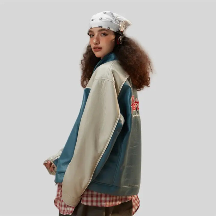 Color block waterproof leather varsity jacket for y2k style - jackets