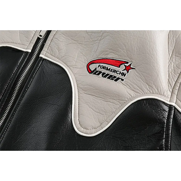 Color block waterproof leather varsity jacket for y2k style - jackets